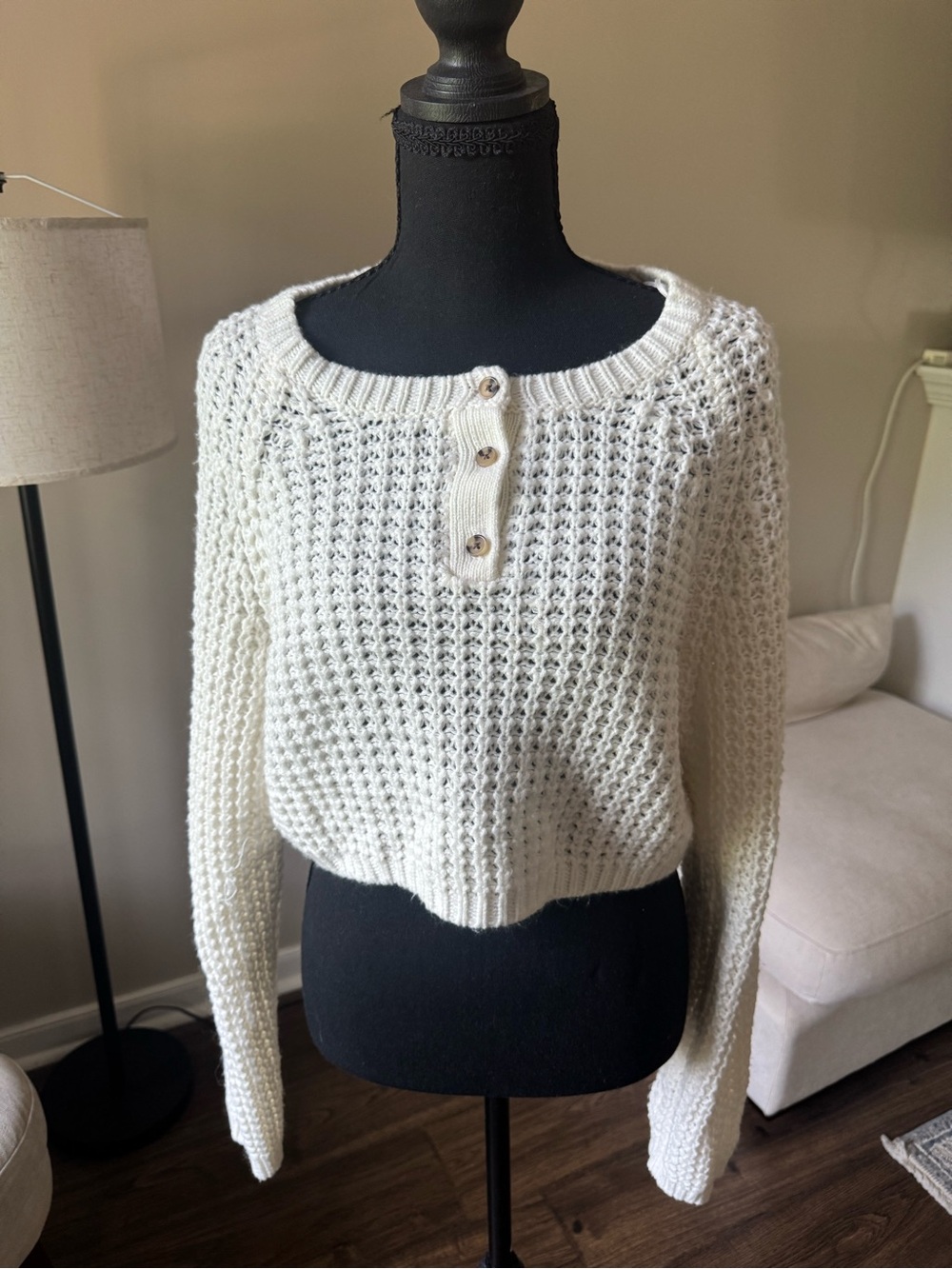 Aeropostale Cream Cropped Henley Knit Sweater